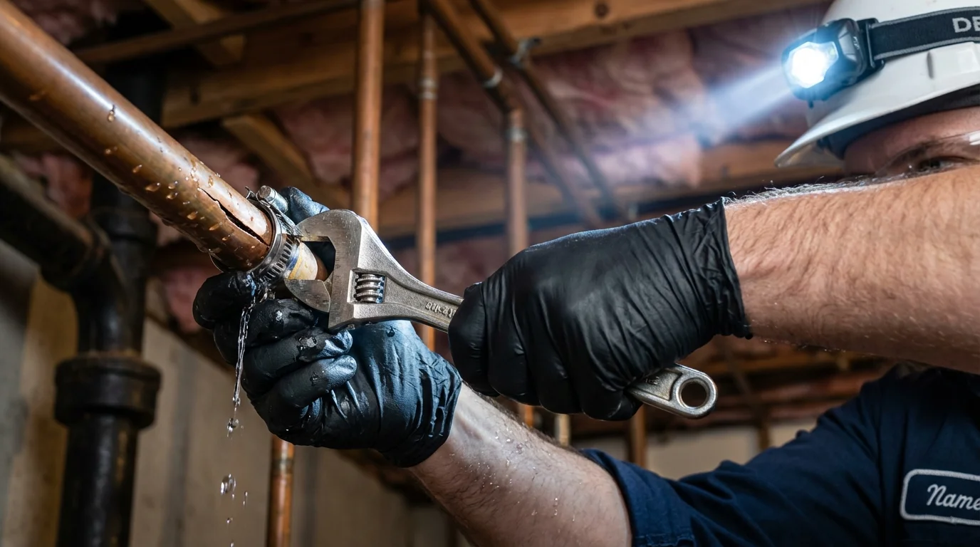 Emergency pipe clamp repair being performed by a Johns Plumbing LLC plumber in Redmond